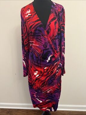 Cache Red and Purple Abstract Midi Dress
